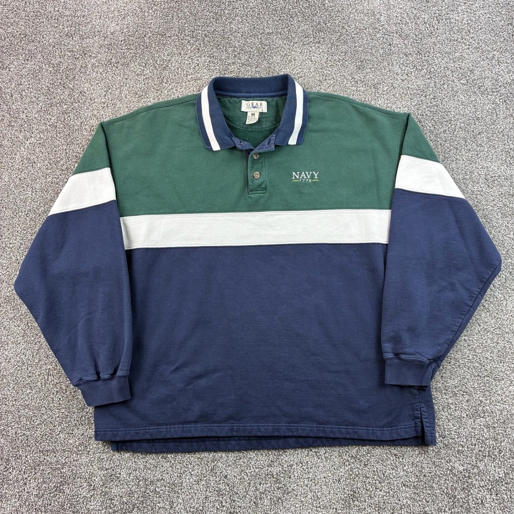 Vintage United States Navy Sweatshirt Men XL Green Blue Cotton Polo Pullover